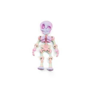 Detailed view of a pastel rainbow 3D printed articulated skeleton toy on white.