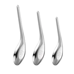 Set of 3 304 stainless steel deep soup spoons with flat bottom on white background