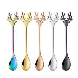 304 stainless steel coffee spoon set with creative reindeer antler design handles