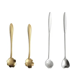 Set of 4 stainless steel flower and heart shaped long handle coffee stirring spoons