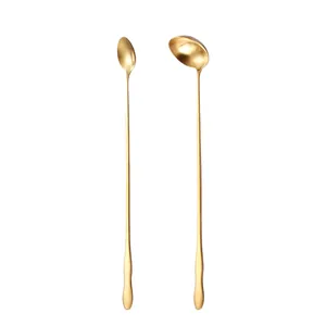 Professional 32cm long handle stainless steel golden spoons for coffee stirring and soup