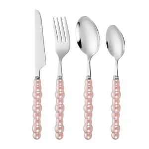 4-Piece 304 stainless steel cutlery set with elegant pink pearl glaze ceramic handles