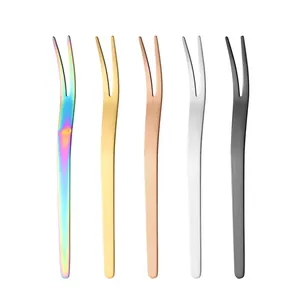 Set of 5 colorful stainless steel two-tined dessert and fruit forks for home use.
