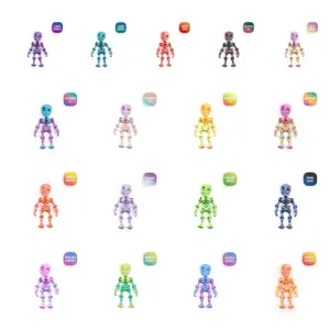 16 assorted 3D printed articulated mini skeleton action figures in various colors