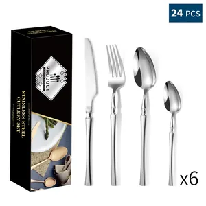 Detail of 24-piece stainless steel cutlery set with slim handles and black gift box.