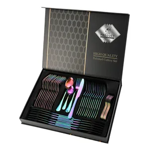 Set de couverts 24 pièces en acier inoxydable arc-en-ciel dans une boîte cadeau noire