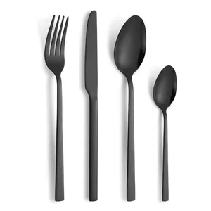 Professional matte black stainless steel flatware set with minimalist square handles