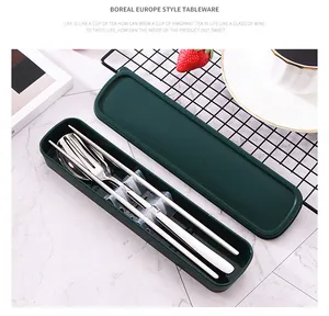 Detailed view of 304 stainless steel cutlery set inside a dark green storage case