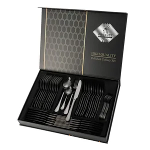 Vue détaillée de l'ensemble de couverts noirs 24 pièces dans sa boîte cadeau luxe