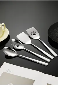 Close-up of stainless steel serving spoon and spatula set with cat paw cutout details