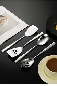 Detailed view of 304 stainless steel serving utensils with creative paw-shaped cutouts