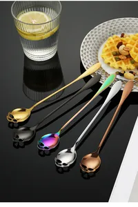 Creative stainless steel skull spoons with long handles in five vibrant metallic colors