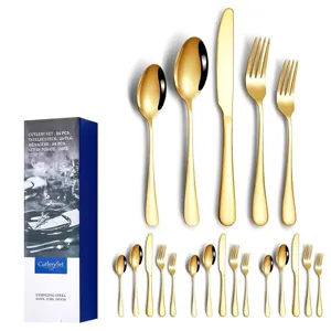 20-piece gold stainless steel cutlery set with forks, knives, and spoons for dining