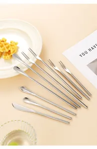 Detailed view of 304 stainless steel long handle coffee stirrers and fruit forks set