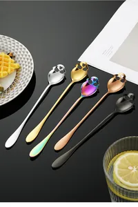 Creative skull stainless steel spoons in five vibrant metallic colors with long handles