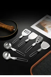 Detailed close-up view of 304 stainless steel folding kitchen utensil set for outdoor camping.