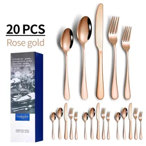 20-piece rose gold stainless steel cutlery set including knives forks and spoons in a gift box