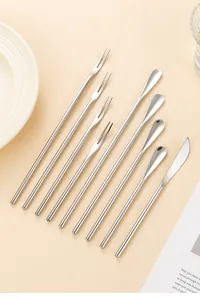 Long-handle 304 stainless steel coffee stirring spoons and fruit forks set close-up