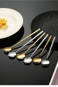 Set of six long-handled 304 stainless steel round spoons in elegant gold and silver