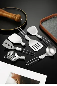 Six pieces of foldable 304 stainless steel camping utensils including spatula and spoons