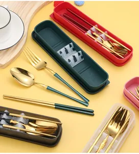 Detail view of portable stainless steel cutlery set with bamboo joint handles