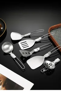 High-quality 304 stainless steel folding camping cookware set including spatula and spoons