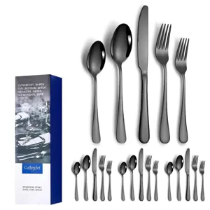 Black stainless steel cutlery set with knife fork and spoon close-up details