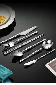 Detail shot of 304 stainless steel cutlery set with elegant slender waist handles
