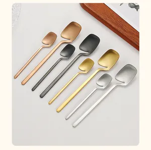 Macro shot of 304 stainless steel hanging coffee spoons in gold, silver, rose gold and black.