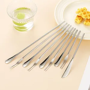 Elegant 304 stainless steel long handle dessert cutlery set with spoon, fork, and knife