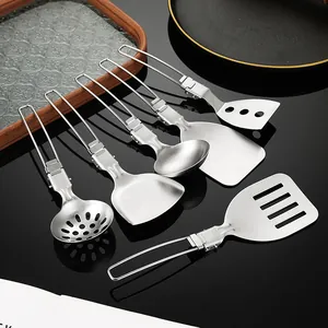 304 Stainless Steel Foldable Cooking Utensils For Outdoor Camping Portable Spatula Soup Ladle Slotted Spoon Frying Shovel Utensil