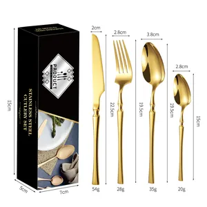 Golden stainless steel cutlery set with knife fork and spoons in a premium gift box
