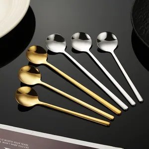 Elegant 304 stainless steel long handle round spoons in gold and silver for coffee