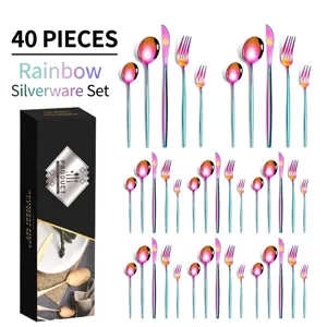 40-piece iridescent rainbow stainless steel cutlery set with black gift box packaging