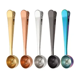 Cuchara medidora de café de acero inoxidable 304 multifuncional con clip para bolsas