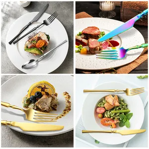Stainless steel cutlery set with slim handle design in black, gold, and rainbow colors