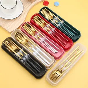 Portable Stainless Steel Travel Cutlery Utensils Reusable Spoon Fork Chopsticks With Case For Office School Camping Outdoor Tableware