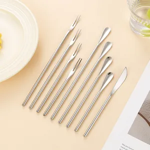 Elegant 304 stainless steel long handle coffee stirrers, fruit forks, and dessert knife set