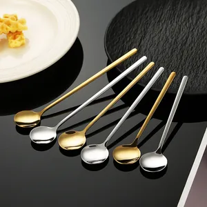 Elegant set of 304 stainless steel long handle round spoons for coffee and dessert use