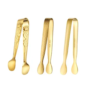 Set of three gold 304 stainless steel ice tongs with rose relief and hammered textures