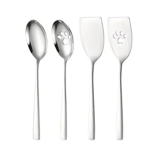 Creative stainless steel kitchen utensil set with paw cutouts, includes spoons and spatulas.