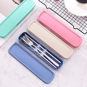 Portable 304 stainless steel cutlery set with fork, spoon, chopsticks, and storage box