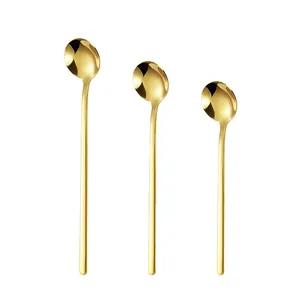 Set of three gold 304 stainless steel long-handle spoons for coffee and desserts