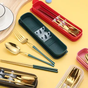 Portable gold stainless steel cutlery set with spoon fork chopsticks and storage case