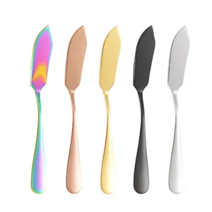 Premium stainless steel butter knives set in 5 vibrant colors on white background