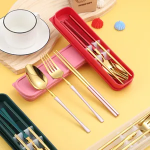 Premium portable stainless steel cutlery set with gold spoon, fork and chopsticks