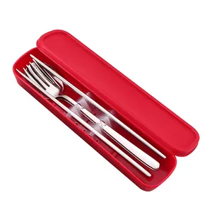 Portable 304 stainless steel cutlery set with spoon, fork, chopsticks and red case