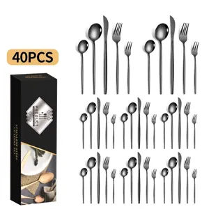 Modern 40-piece black stainless steel cutlery set including knives forks and spoons