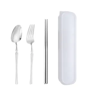 Portable stainless steel cutlery set with spoon, fork, chopsticks and white storage case