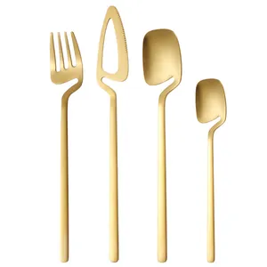 Modern gold stainless steel cutlery set featuring a creative hanging neck design for cups